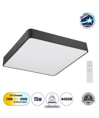 GLOBOSTAR® KAMALA 61208-S Μοντέρνο Φωτιστικό Οροφής LED 75W 8625lm 120° AC 220-240V IP20 Ρυθμιζόμενο Λευκό CCT με Χειριστήριο από 2700K έως 6000K Dimmable - Lumileds SMD Chip - Μαύρο Ματ - Μ60 x Π60 x Υ8cm - 3 Χρόνια Εγγύηση